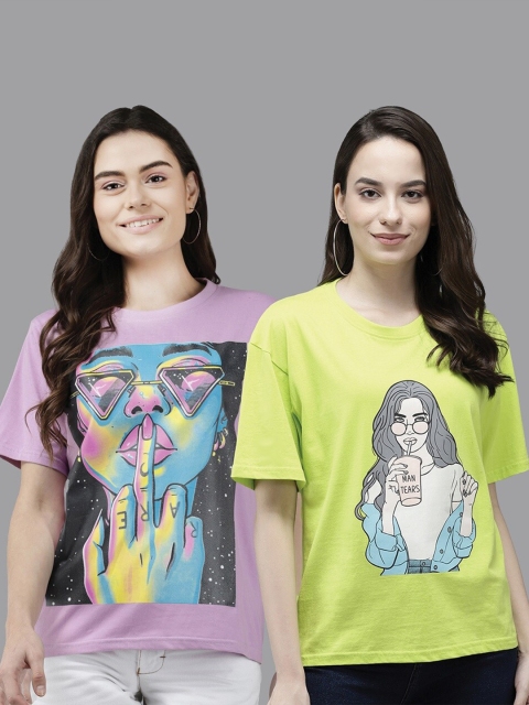 

The Dry State Women Pack of 2 Graphic Printed Cotton T-shirt, Fluorescent green