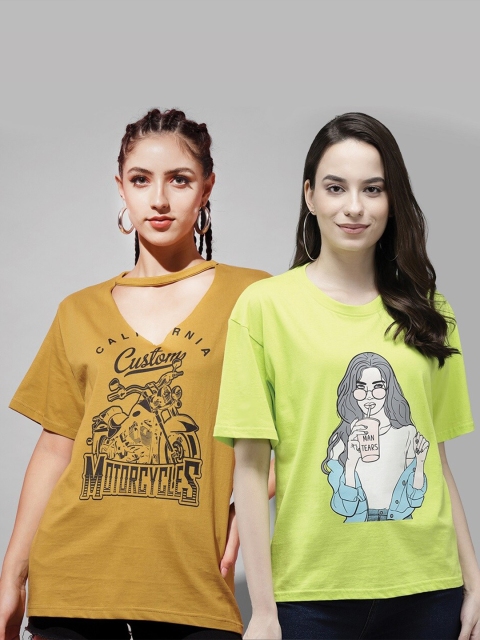 

The Dry State Women Pack of 2 Graphic Printed Cotton T-shirt, Fluorescent green
