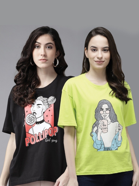 

The Dry State Women Pack of 2 Graphic Printed Cotton T-shirt, Fluorescent green