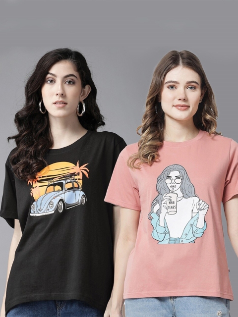 

The Dry State Women Pack of 2 Graphic Printed Cotton T-shirt, Rose