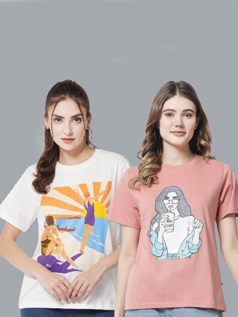 

The Dry State Women Pack of 2 Graphic Printed Cotton T-shirt, Rose