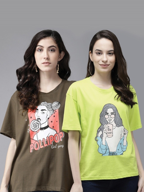 

The Dry State Women Pack of 2 Graphic Printed Cotton T-shirt, Fluorescent green