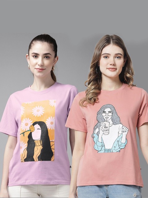 

The Dry State Women Pack of 2 Graphic Printed Cotton T-shirt, Rose