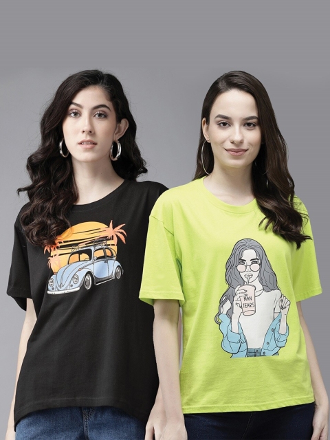

The Dry State Women Pack of 2 Graphic Printed Cotton T-shirt, Fluorescent green