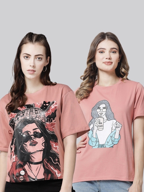 

The Dry State Women Pack of 2 Graphic Printed Cotton T-shirt, Rose