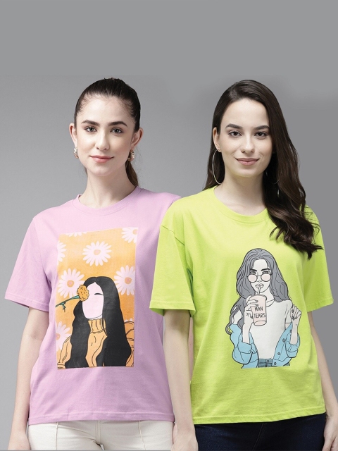 

The Dry State Women Pack of 2 Graphic Printed Cotton T-shirt, Fluorescent green