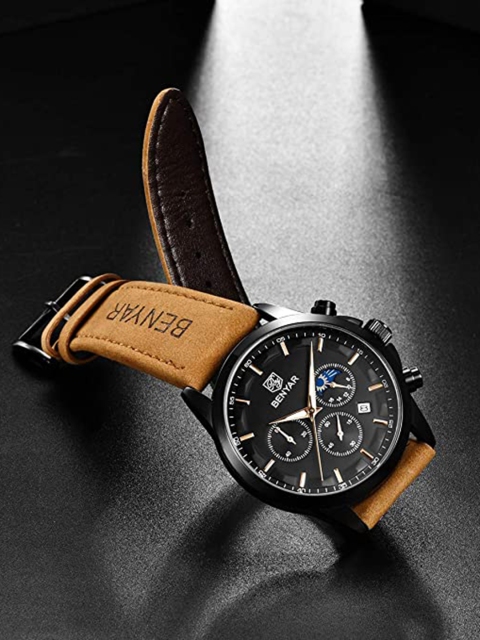 

BENYAR Men Black Dial & Brown Leather Textured Straps Analogue Watch Ben-5160