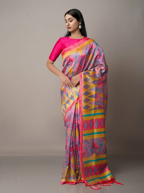 

Unnati Silks Pink & Blue Art Silk Block Print Saree