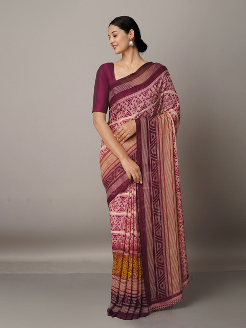 

Unnati Silks Pink & White Silk Blend Block Print Saree