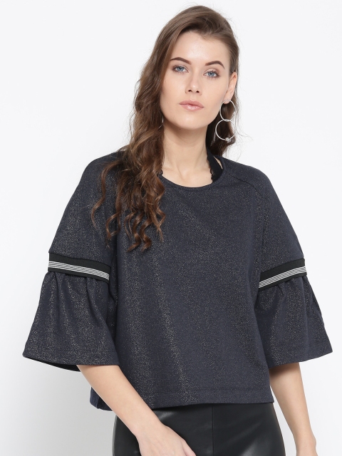 

ONLY Women Navy Solid Shimmer Boxy Top, Navy blue