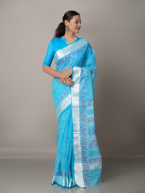 

Unnati Silks Blue & Silver-Toned Floral Zari Pure Cotton Kota Saree