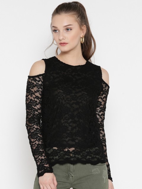 

ONLY Women Black Cold Shoulder Lace Fitted Top