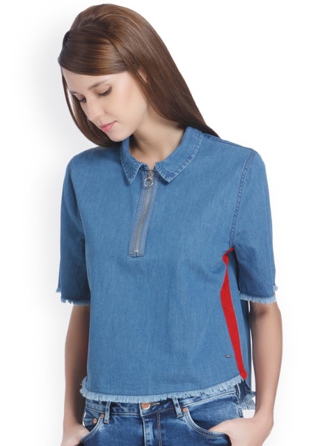 

ONLY Women Blue Solid Shirt Style Pure Cotton Top