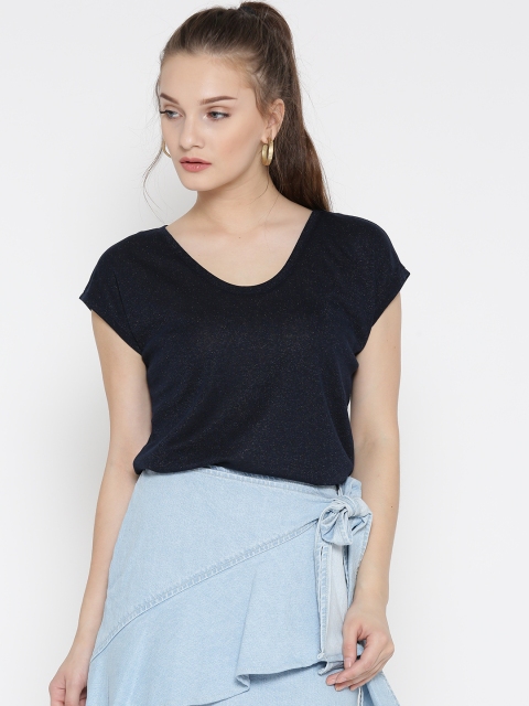 

ONLY Women Navy Solid Sheen Top, Navy blue