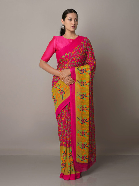 

Unnati Silks Pink & Yellow Floral Block Print Saree