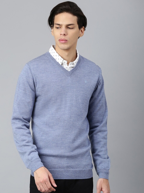 

Woods Men Light Blue Solid V-Neck Pullover