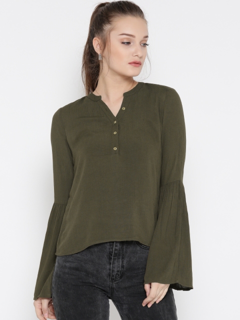 

ONLY Women Olive Green Solid Top with Bell Sleeves