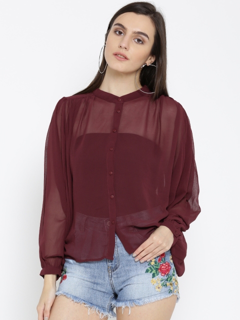 

ONLY Women Burgundy Solid Sheer Shirt Style Top