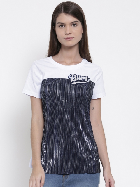 

ONLY Women White & Black Solid Round Neck T-shirt