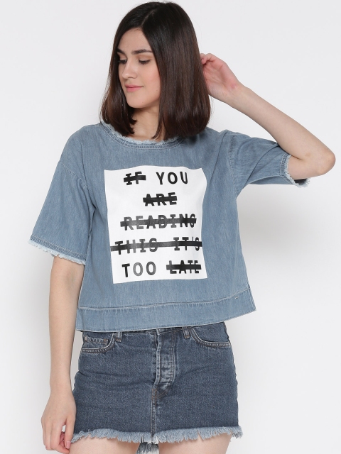 

ONLY Women Blue Printed Denim Boxy Top