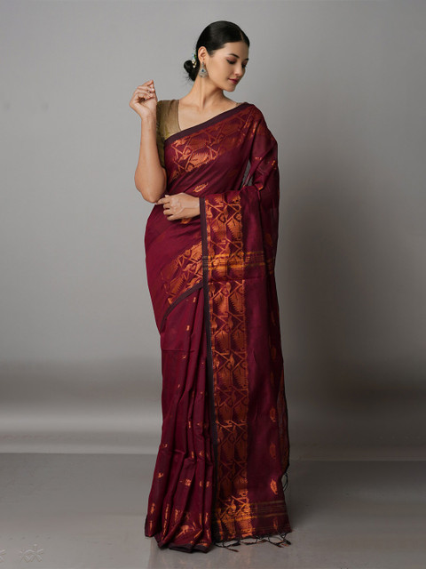 

Unnati Silks Maroon & Gold-Toned Woven Design Zari Silk Cotton Jamdani Saree