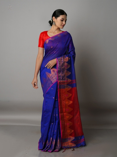 

Unnati Silks Blue & Gold-Toned Woven Design Zari Silk Cotton Jamdani Saree
