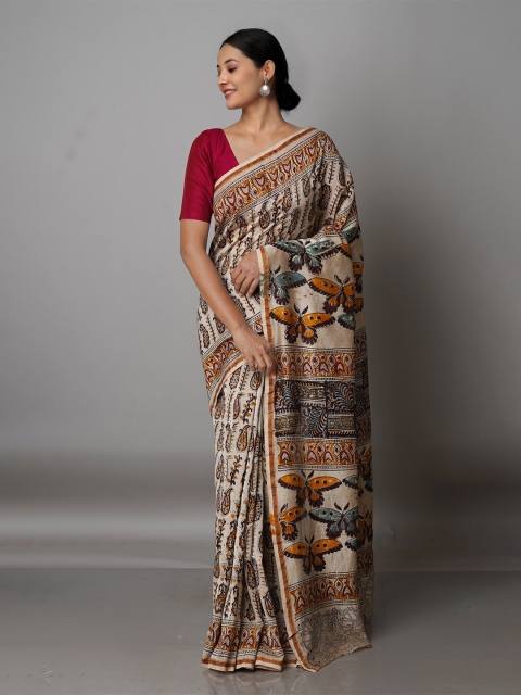 

Unnati Silks White & Gold-Toned Kalamkari Zari Silk Cotton Chanderi Saree