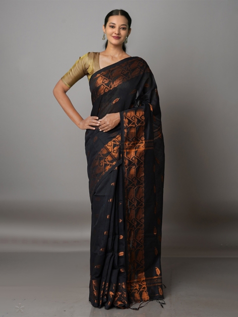 

Unnati Silks Black & Copper-Toned Ethnic Motifs Silk Cotton Jamdani Saree