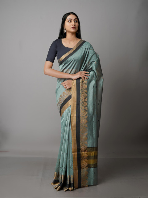 

Unnati Silks Grey & Gold-Toned Woven Design Zari Silk Cotton Bhagalpuri Saree