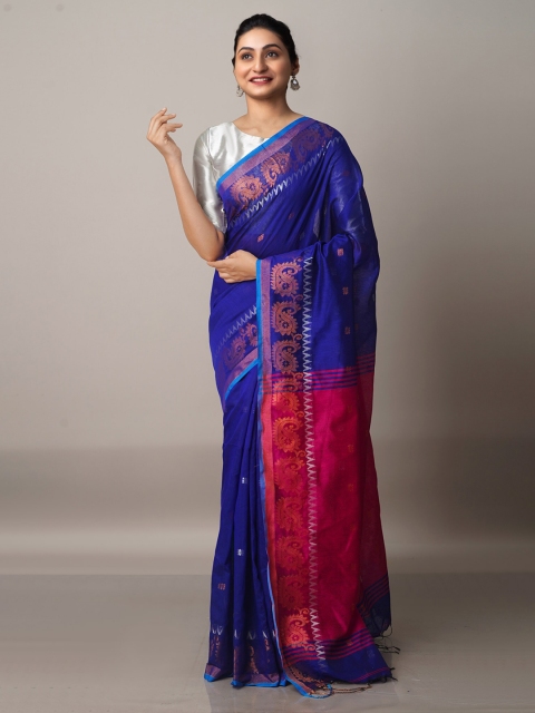 

Unnati Silks Blue & Pink Ethnic Motifs Linen Blend Jamdani Saree