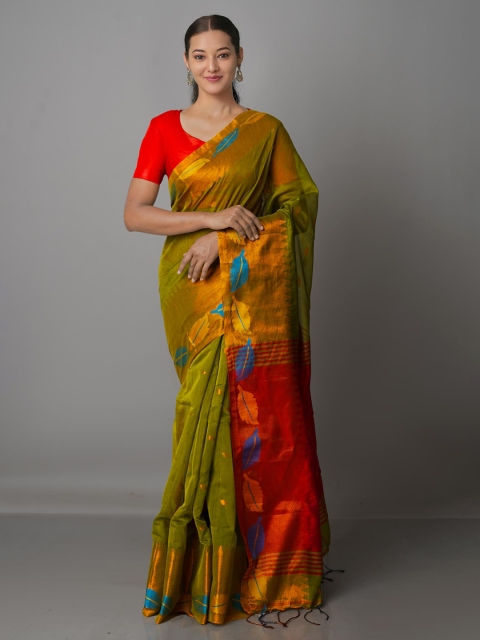 

Unnati Silks Olive Green & Copper-Toned Woven Design Zari Silk Cotton Jamdani Saree