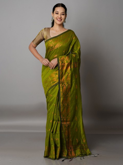 

Unnati Silks Green & Copper-Toned Woven Design Zari Silk Cotton Jamdani Saree