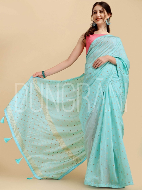 

DUNGRANI Turquoise Blue & Gold-Toned Striped Sequinned Saree