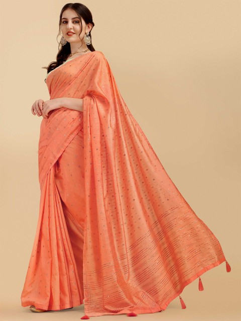 

DUNGRANI Peach-Coloured & Gold-Toned Striped Sequinned Saree