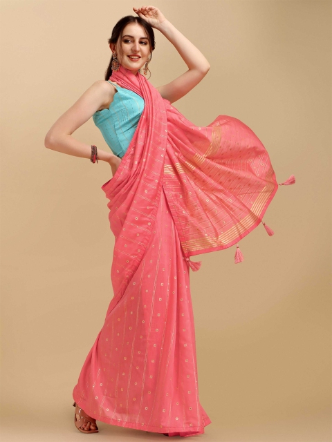 

DUNGRANI Pink & Gold-Toned Striped Sequinned Saree