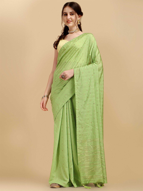 

DUNGRANI Green & Gold-Toned Striped Sequinned Saree