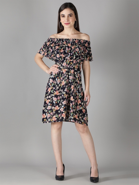 

DEBONATELLA Women Black Floral Printed Off-Shoulder Fit & Flare Dress