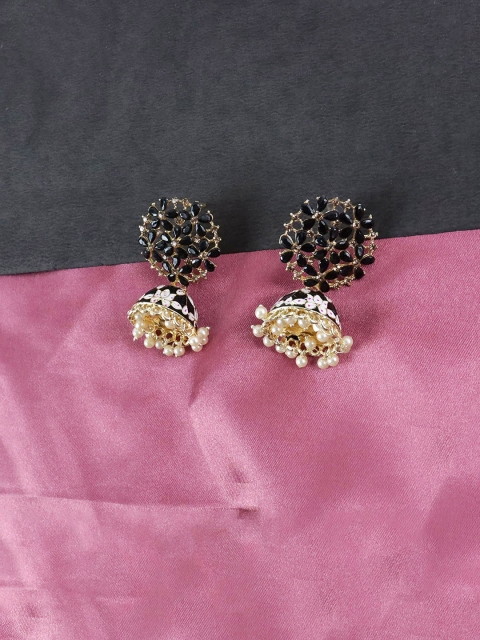 

Krelin Black Gold-Plated Floral Meenakari Jhumkas Earrings