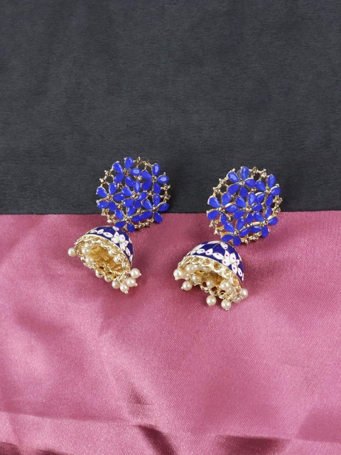 

Krelin Blue Gold-Plated Floral Meenakari Jhumkas Earrings