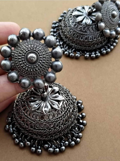 

Krelin Silver-Toned Floral Meenakari Jhumkas Earrings