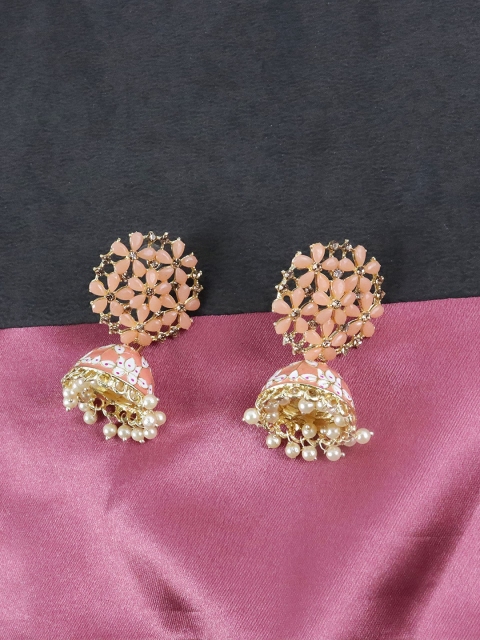 

Krelin Gold-Plated Peach Floral Meenakari Jhumkas Earrings