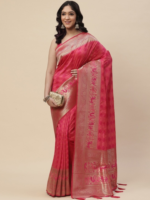 

Meena Bazaar Women Pink & Silver-Toned Woven Design Zari Art Silk Saree