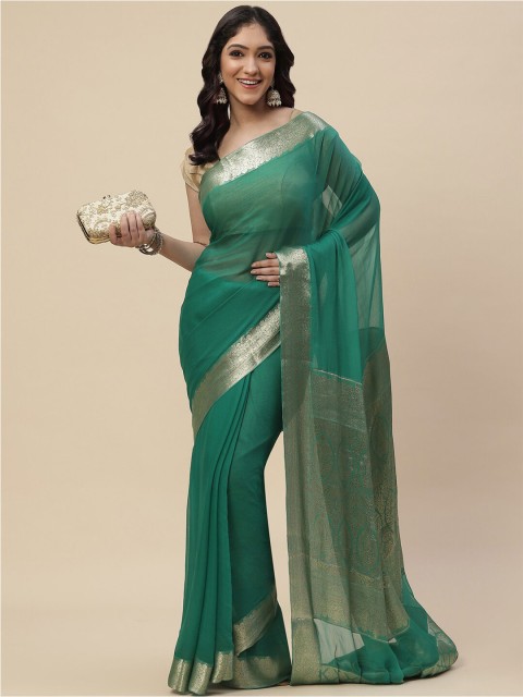 

Meena Bazaar Green & Gold-Toned Zari Saree