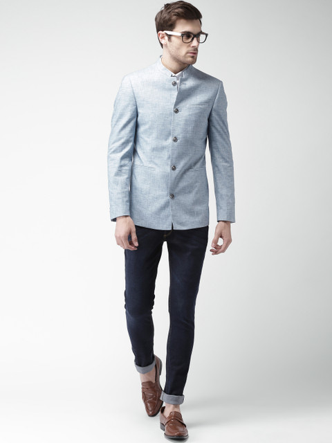 

Mast & Harbour Men Blue Self-Design Slim Fit Single-Breasted Ethnic Bandhgala Blazer