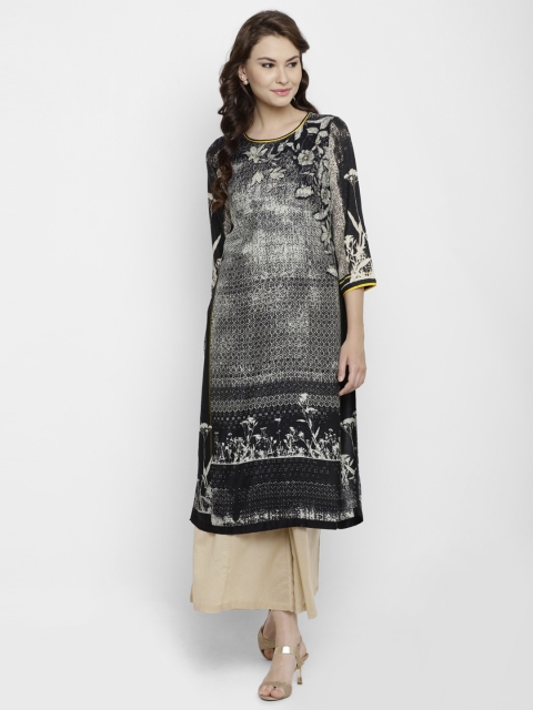 

Biba Women Black & Cream-Coloured Printed Straight Kurta