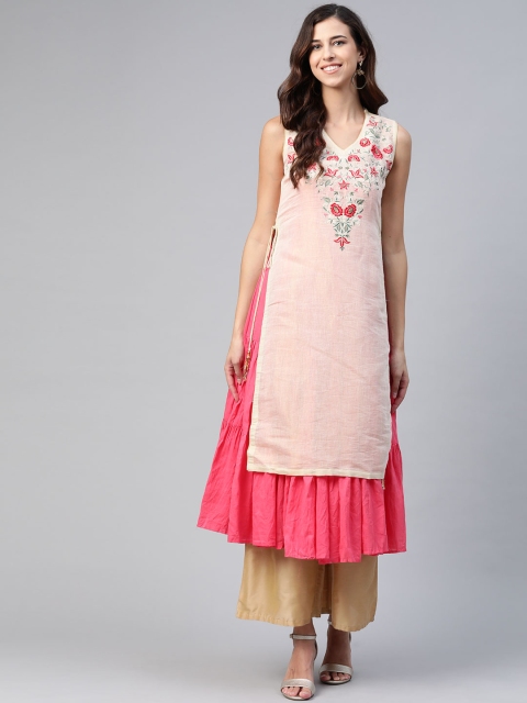 

Biba Women Beige & Coral Pink Solid Crinkled Layered A-Line Kurta