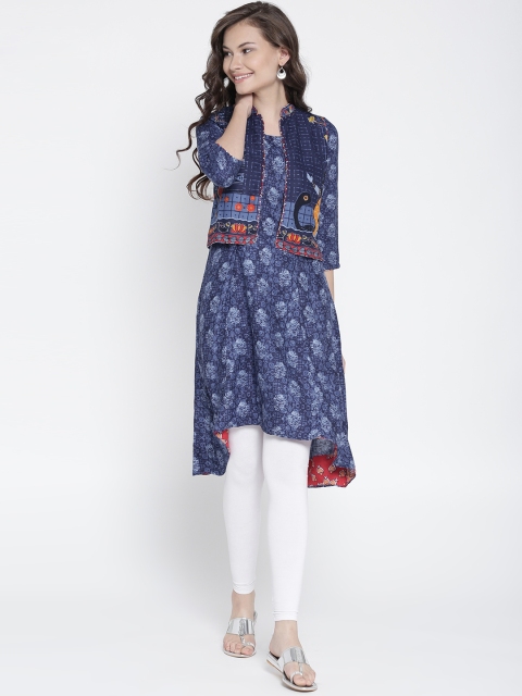 

Biba Women Blue Printed A-line Kurta with Ethnic Jacket