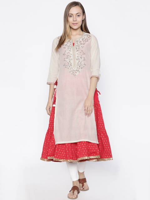 

Biba Women Cream-Coloured & Red Embroidered Straight Kurta