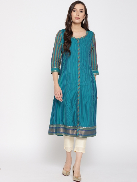 

Biba Women Green & Blue Striped A-Line Kurta