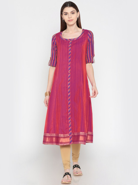 

Biba Women Pink & Orange Striped Straight Kurta